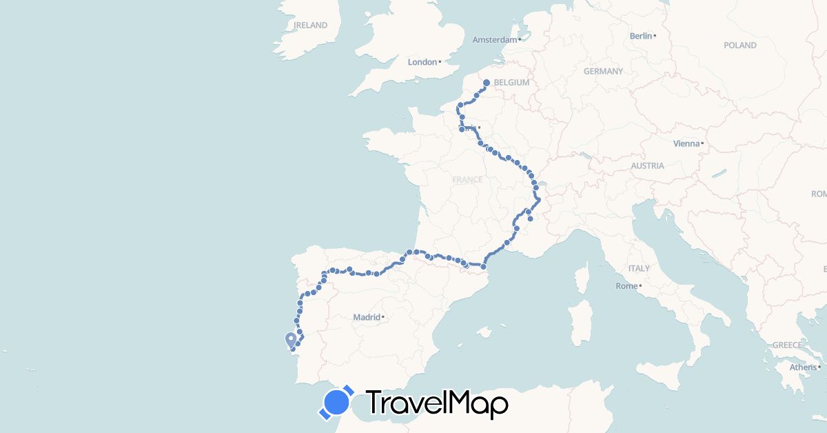 TravelMap itinerary: driving, cycling in Switzerland, Spain, France, Portugal (Europe)